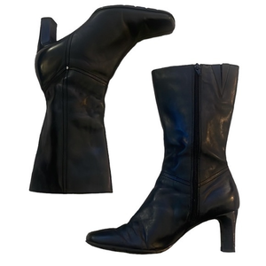 9.5 Bandolino Black Leather Zip Booties Mid Calf Boots w Block Heel & Square Toe